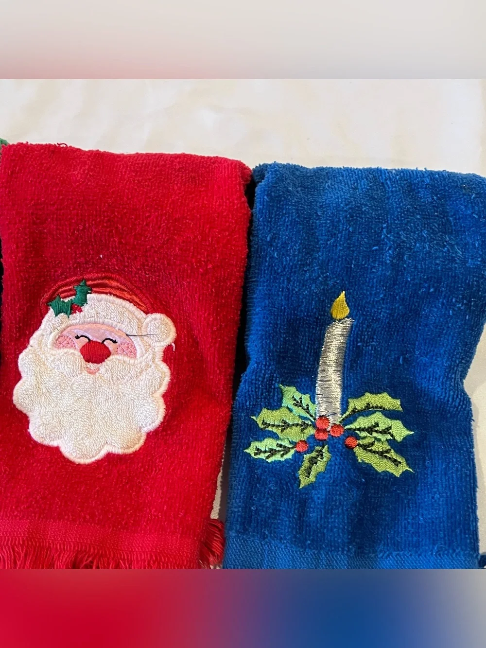 Royal Terry Vintage Christmas Hand Towels Set of 3 Santa Candle Window Fringe